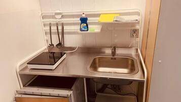 A compact kitchen with a stainless steel sink, a small countertop, and a built-in dishwasher.