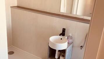 A small bathroom with a white sink, a mirror above it, and a cabinet below.