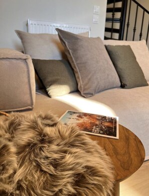 Een smart-tv, een open haard en boeken