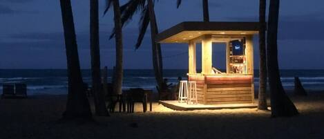 A beachside wooden structure with a bar area, surrounded by palm trees and overlooking the ocean.