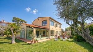 Une maison à deux étages avec un patio fermé par des baies vitrées, un petit jardin et un arbre.
