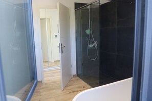 Combined shower/tub, hair dryer, towels, soap