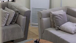En stue med to beige sofaer, et rundt træbord og en dekorativ plante.
