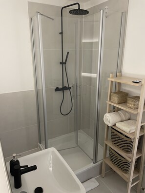 Regadera, secadora de cabello, toallas, papel de baño 