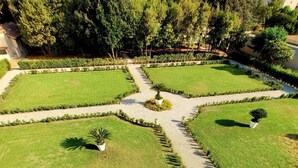 A landscaped garden with a central lawn, surrounded by pathways and bordered by trees.
