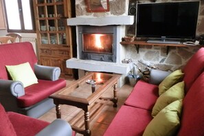 Een smart-tv, een open haard, boeken en een stereo