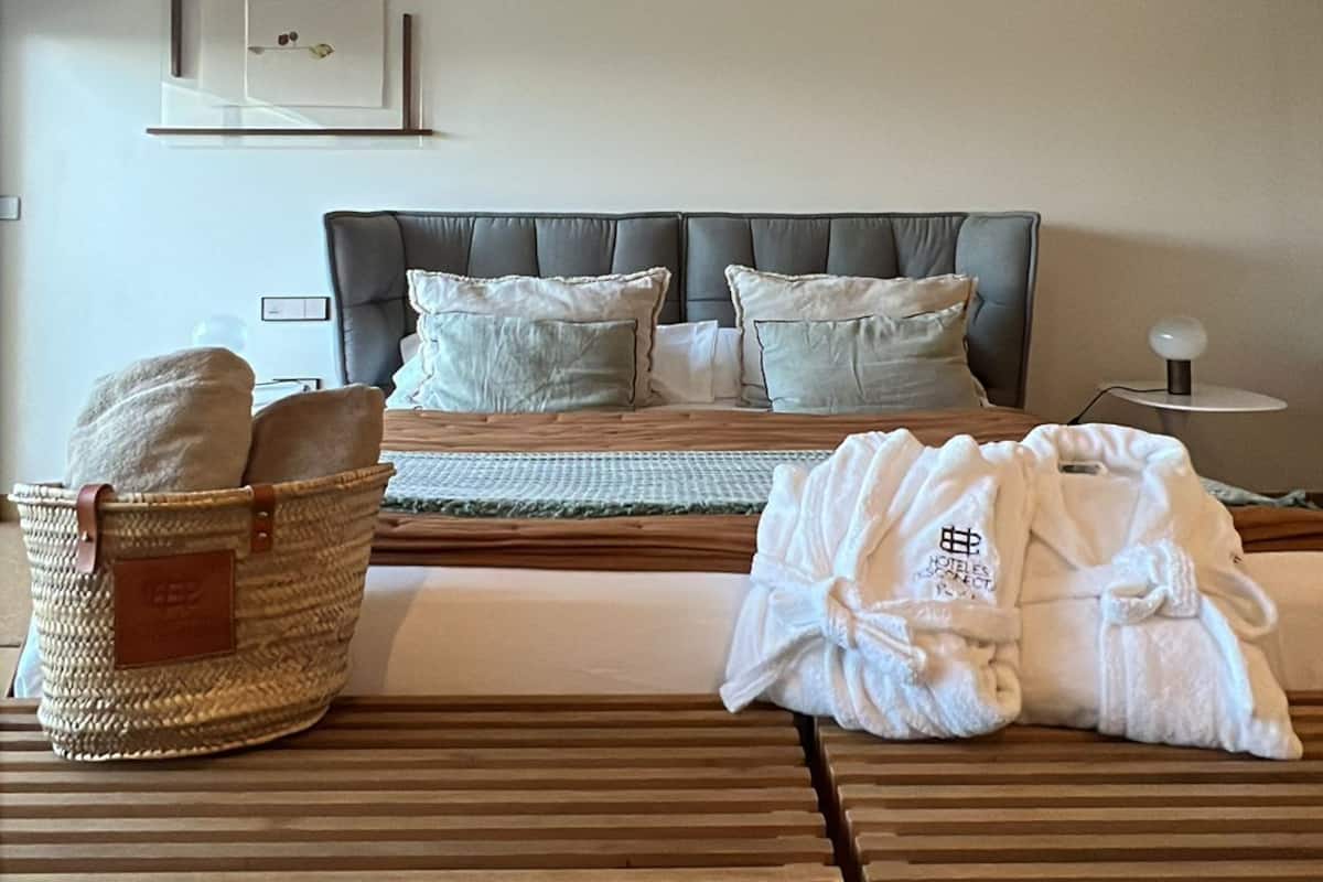 Una habitación de hotel moderna con un sofá gris, una mesa de centro de madera y una cesta grande de fibra.