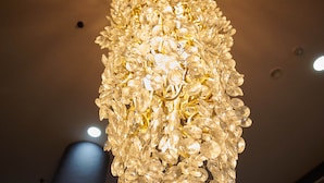 Un candelabro con múltiples elementos de cristal transparente colgando del techo.