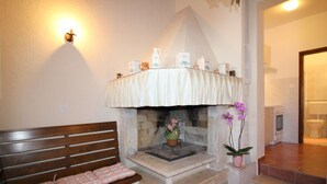 Een gezellige kamer met een open haard, een bank met een geruite deken en een kleine tafel met een potplant.