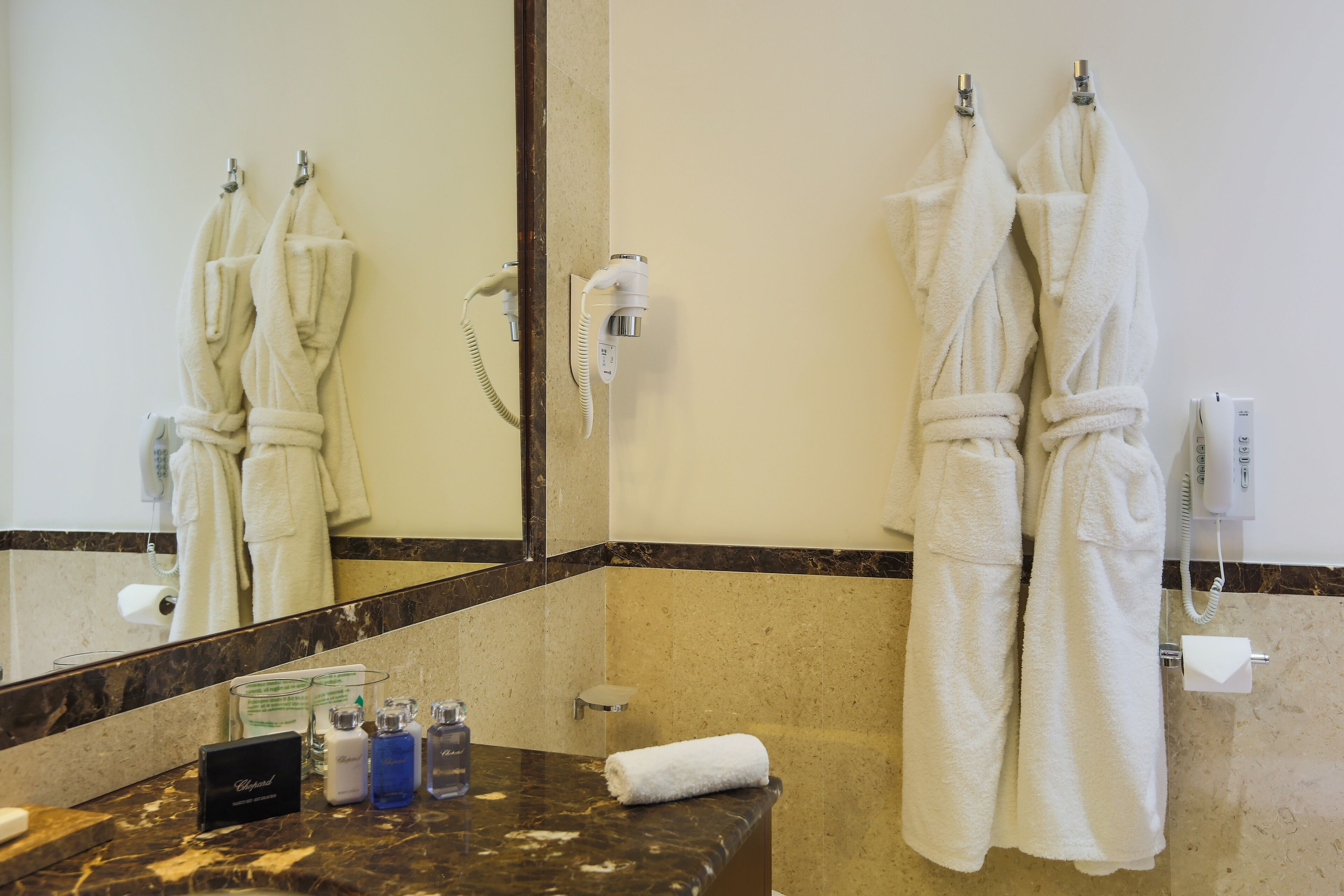 A bathroom with a marble countertop, a mirror, a towel rack with two white towels, a hairdryer, and a bottle of shampoo.