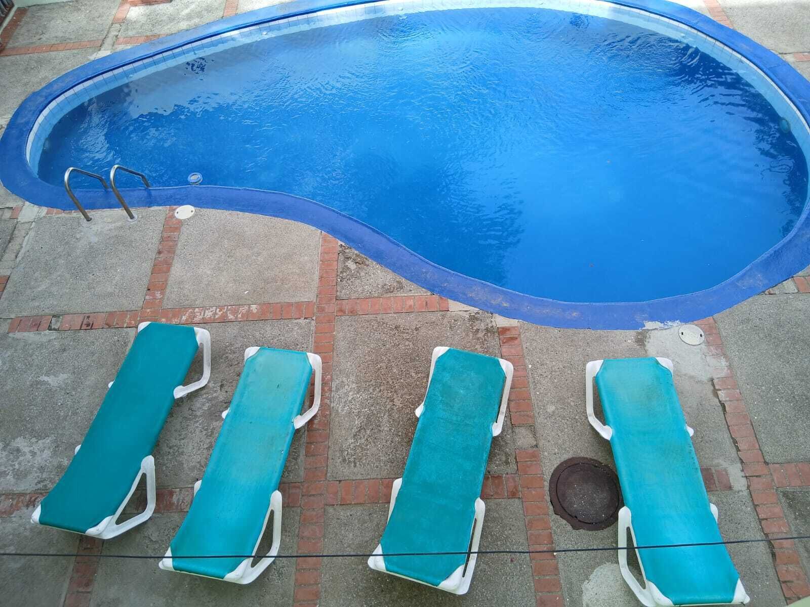 Una piscina con borde curvo, rodeada por una solana empavedada con sillones de descanso.