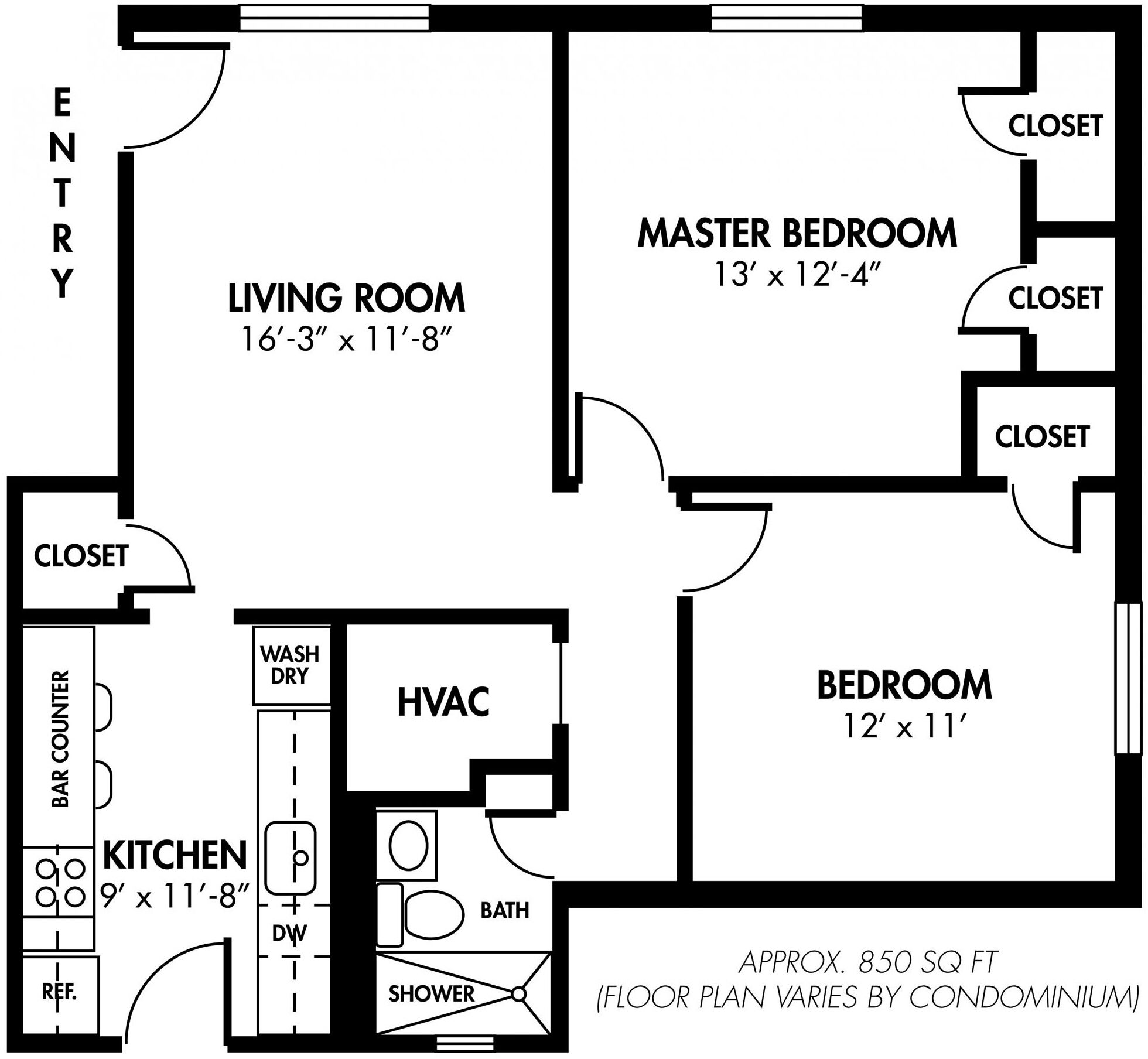 A floor plan of a house with a master bedroom (13' x 12'-4"), a living room (16' -3" x 11'-8"), a kitchen (9' x 11'-8"), a bathroom, and a smaller bedroom (12' x 11').