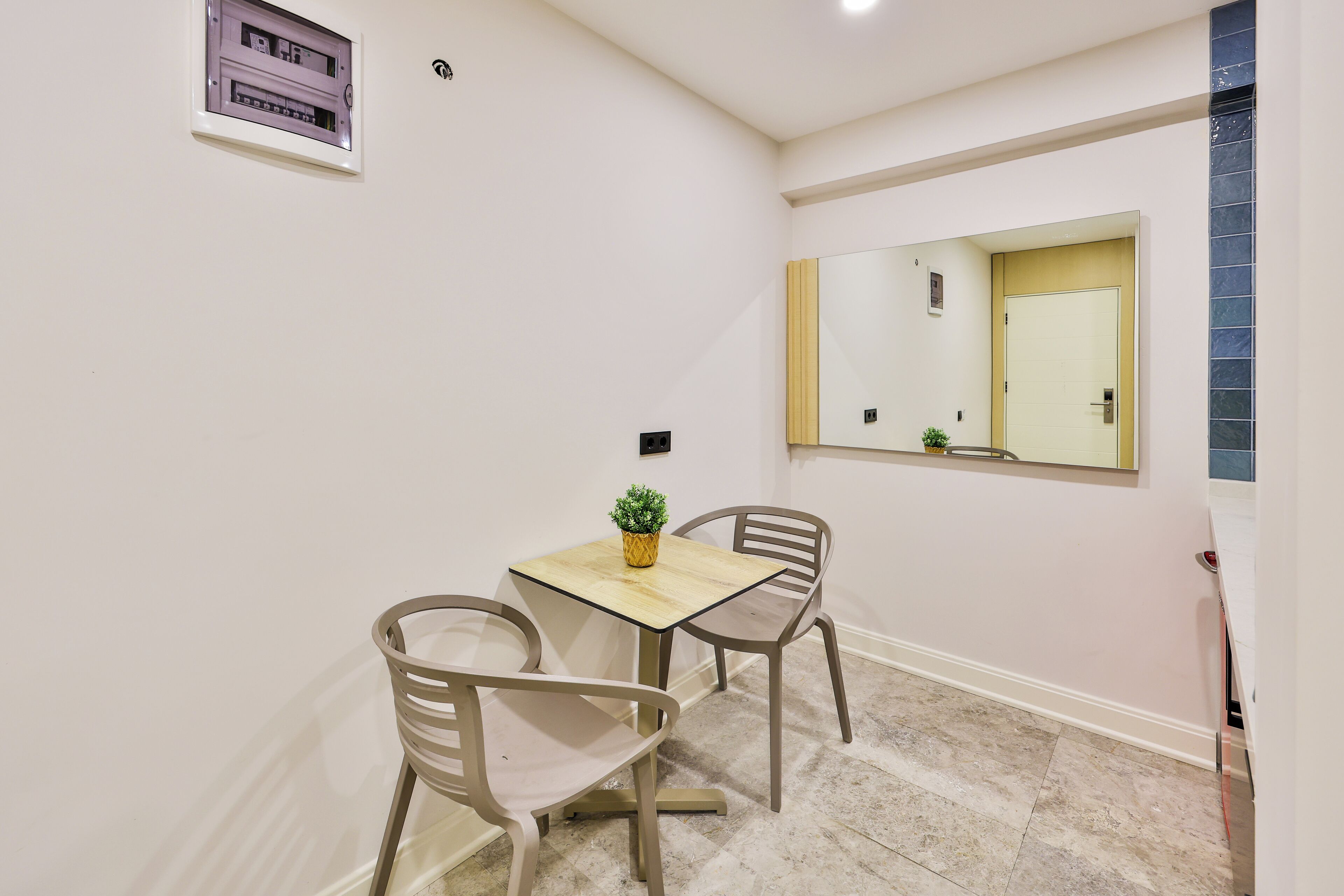 Un petit coin repas avec une table et deux chaises, une plante en pot posée sur la table, un miroir fixé au mur et une porte agrémentée d’un motif en carreaux bleus.