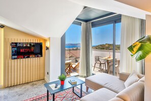 Design Apartment, 1 Queen Bed with Sofa bed, Sea View | Living area | 43-inch LED TV with cable channels, TV - Sole Vista Homes (Kas)