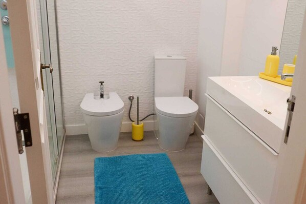 Shower, hair dryer, bidet, towels