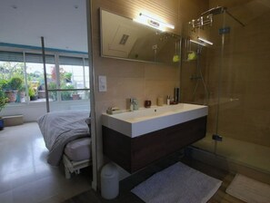 Douche, séchoir à cheveux, serviettes fournies, savon