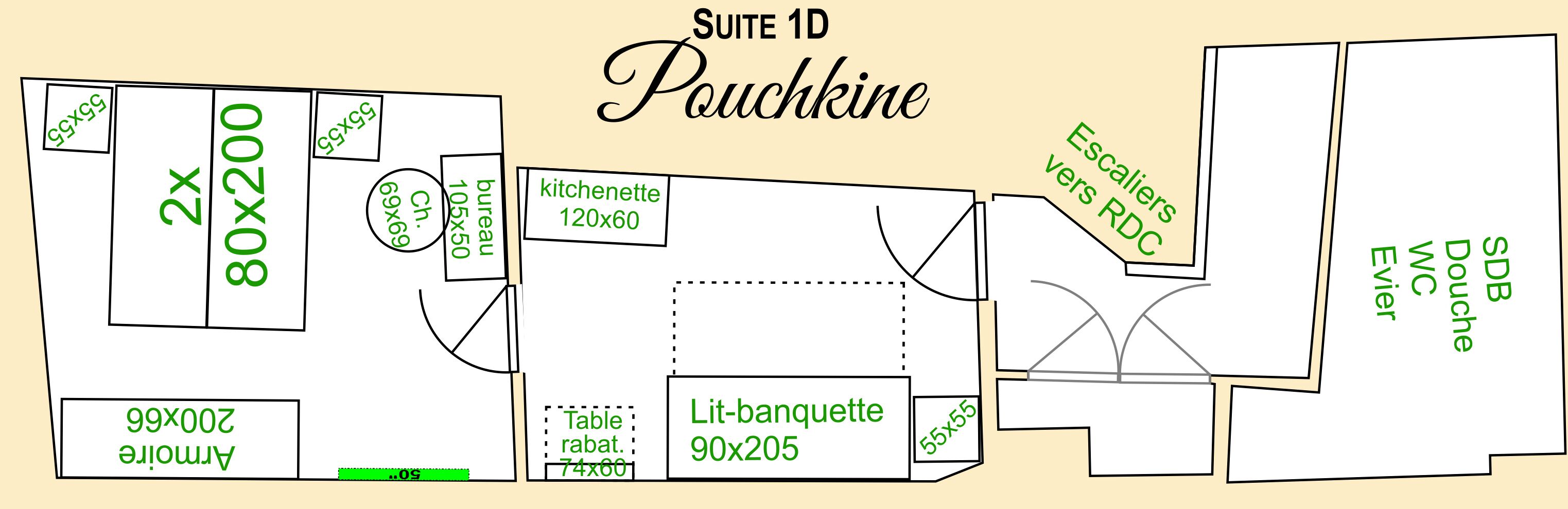 A floor plan of a 1D suite with labeled furniture pieces including a kitchenette, dining table, and a living area.