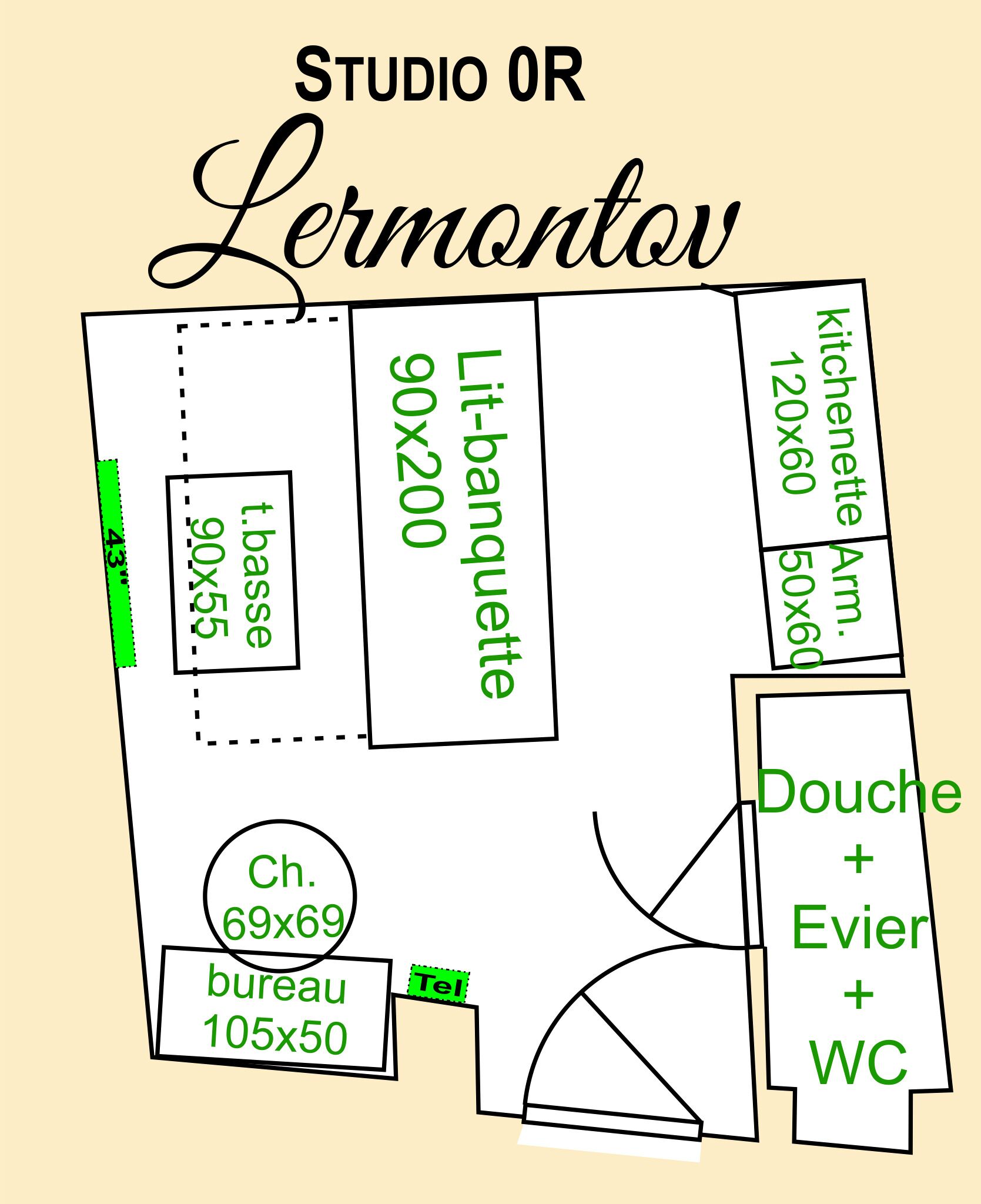 Plan d’étage d’un studio ou d’un appartement appelé Lermontov, comprenant un coin cuisine, un espace repas, un salon et une chambre.