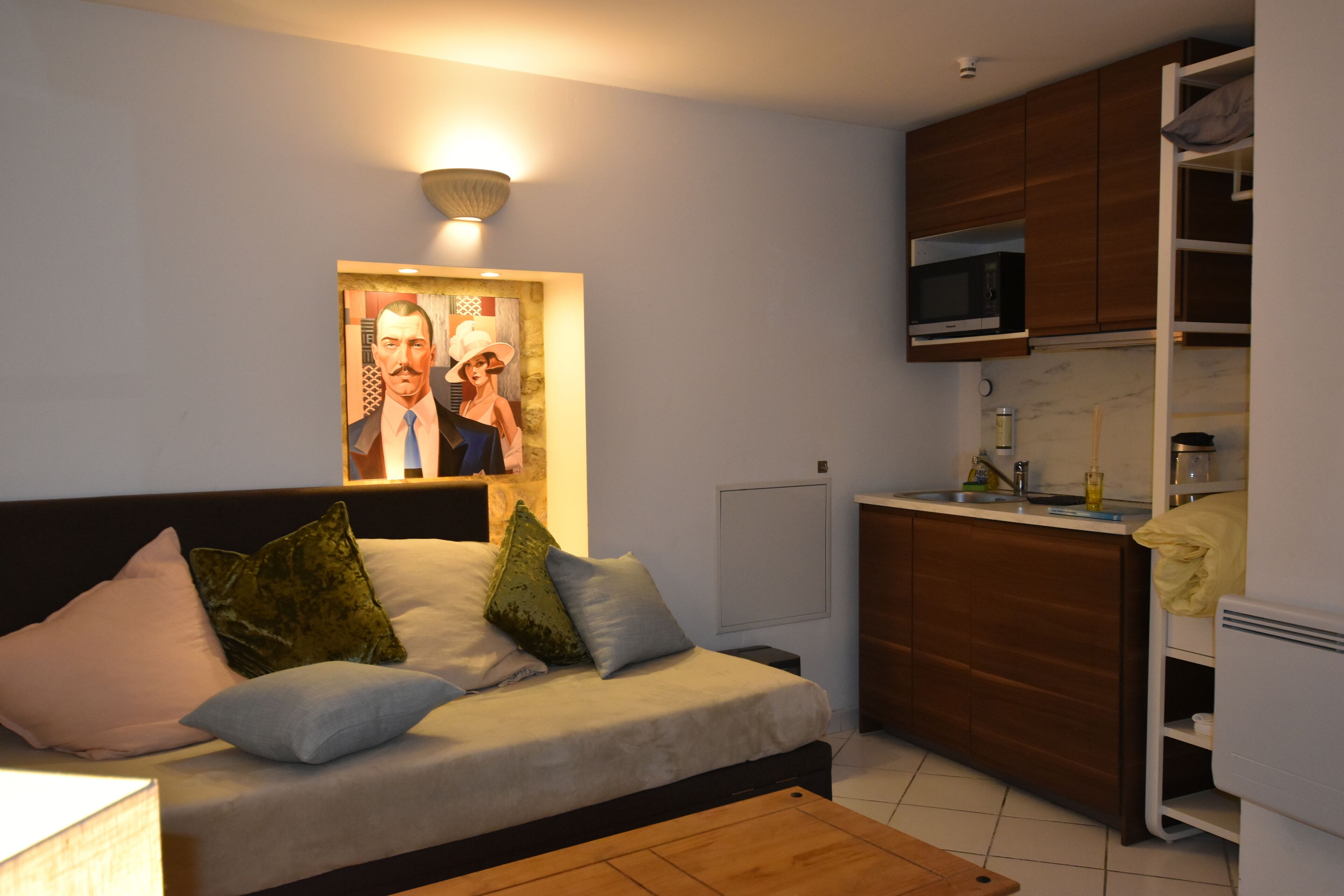 Basic Studio, No Windows, Courtyard View (Mini room Lermontov) | Private kitchen | Fridge, microwave, cookware/dishes/utensils, cleaning supplies