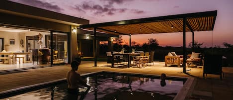 Outdoor pool, pool umbrellas, pool loungers