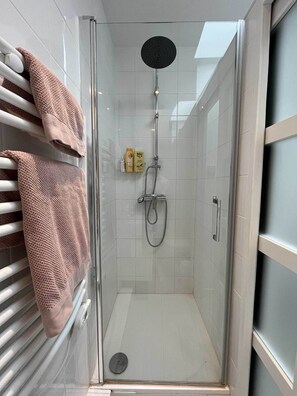 Dusche, Haartrockner, Handtücher, Seife