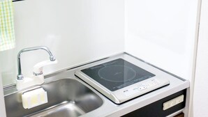 Une cuisine compacte dotée d’un évier en acier inoxydable, d’une plaque de cuisson à induction intégrée et d’un petit meuble de rangement en dessous.