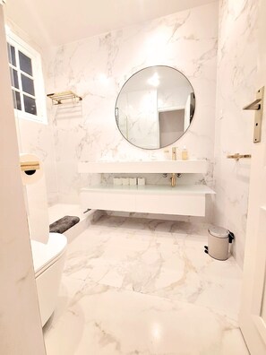 Shower, hair dryer, towels, toilet paper
