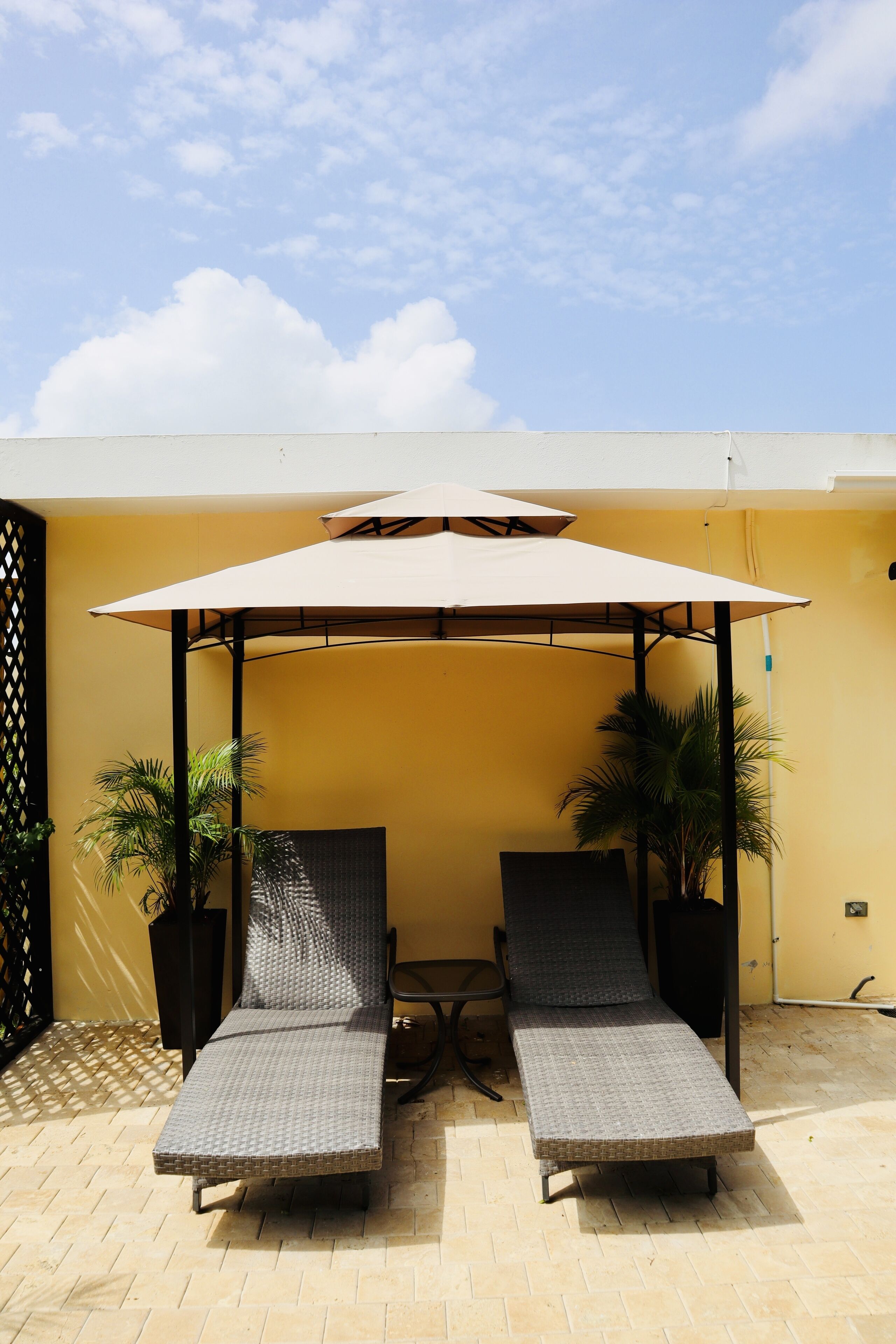 A sunlit outdoor seating area with two lounge chairs and a table under a large umbrella, surrounded by potted plants.