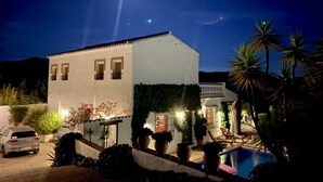 A white building with a pool, surrounded by palm trees and potted plants. - Amazing villa, superb views, close to village, private pool (Canillas de Aceituno)