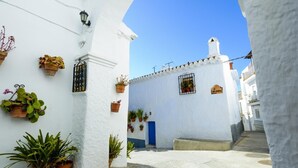 A narrow street with white buildings, potted plants, and a clear blue sky. - Amazing villa, superb views, close to village, private pool (Canillas de Aceituno)