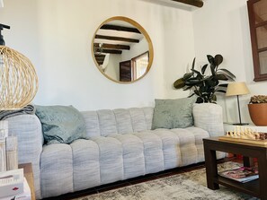 Smart TV, chimenea, libros, estéreo