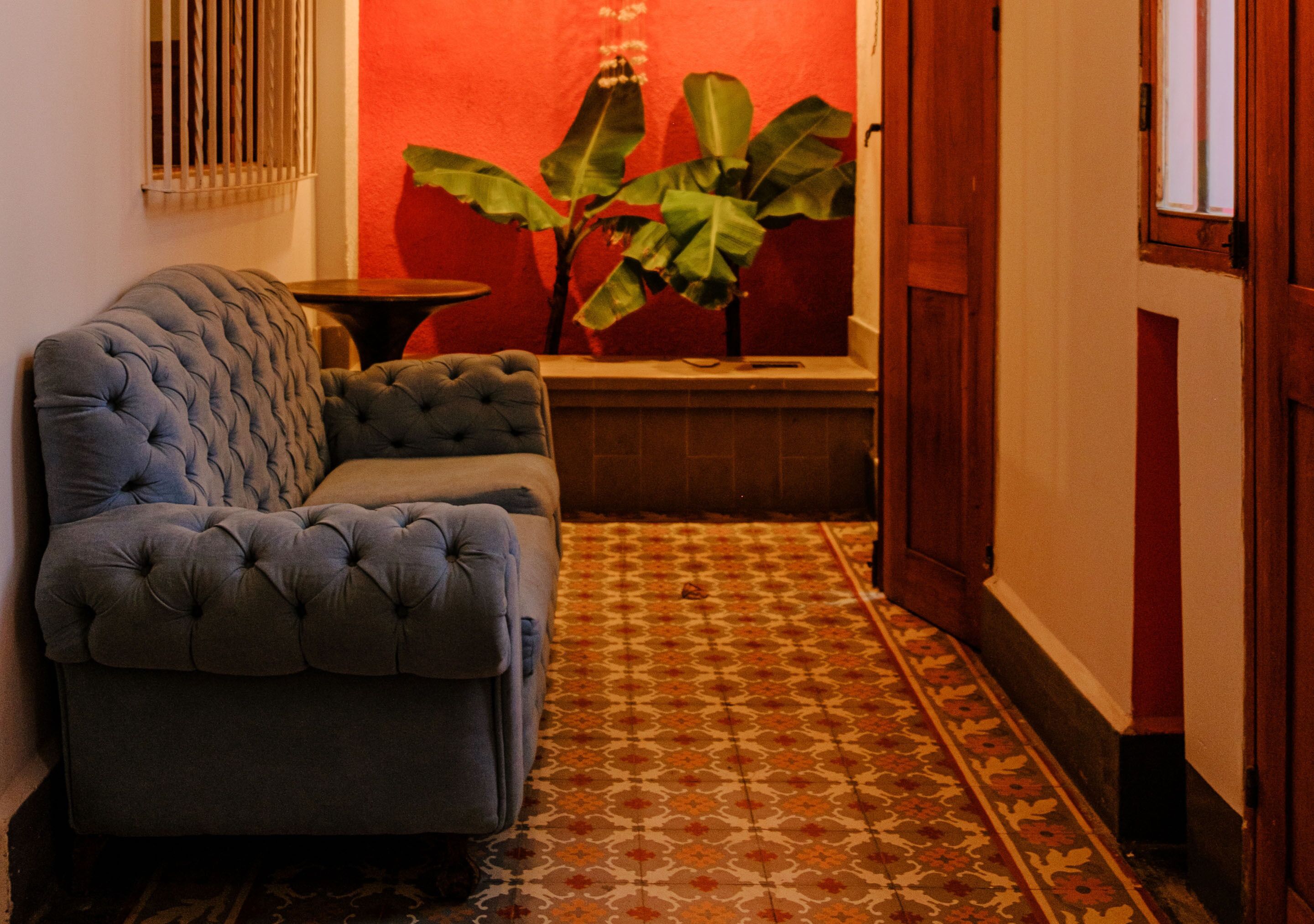 Una habitación con un sofá capitonado, suelo estampado, una planta y una puerta de madera.
