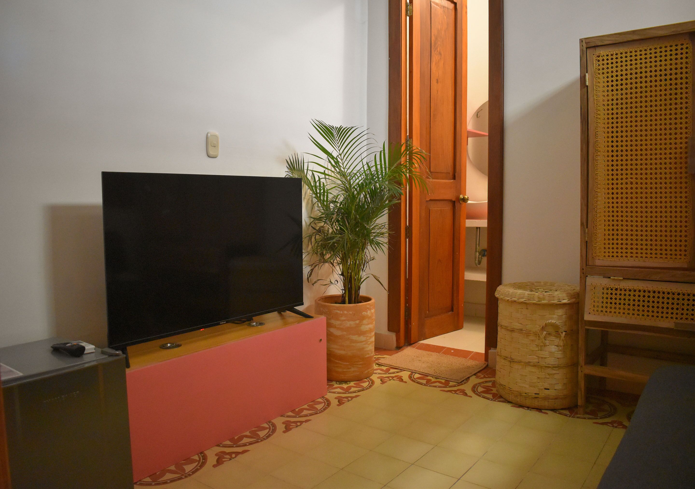 A living room with a flat-screen TV on a pink stand, a potted plant, a wicker basket, and a wooden door.