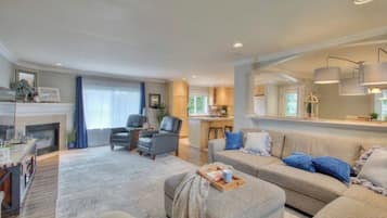 Smart TV, fireplace, books, music library