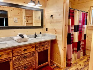 Combined shower/tub, towels, soap, toilet paper - **Amazing Mountain Views at the 2-Story Highland Hideaway** (Murphy)