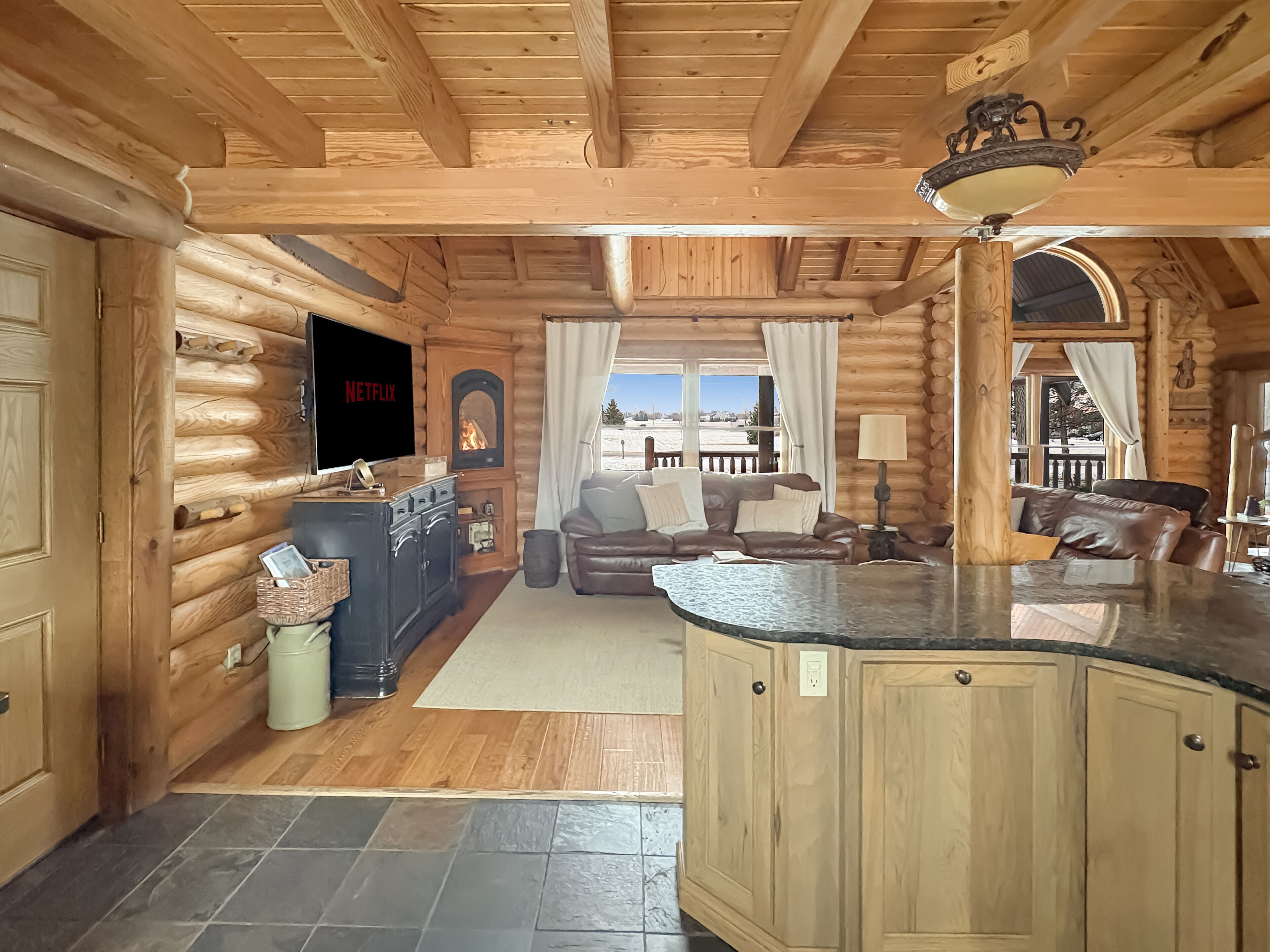 Smart TV, fireplace, books