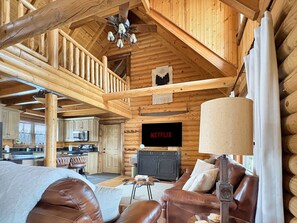 Smart TV, chimenea y libros 