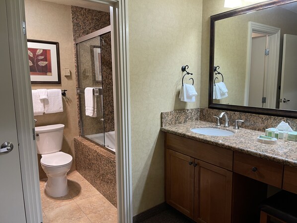 A bathroom with a toilet, shower, and sink. - Experience Tahoe's Ski Scene at Holiday Inn Club Vacations Tahoe Ridge Resort (Stateline)