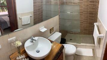 Ein Badezimmer mit Waschbecken, Toilette und Dusche.