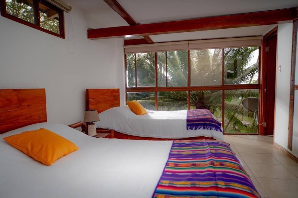 Une chambre avec deux lits, une fenêtre donnant sur des palmiers et un plafond en bois.