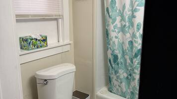 Combined shower/tub, hair dryer, towels, soap