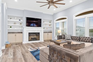 Smart TV, fireplace, foosball