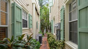 Uma ruela estreita flanqueada por edifícios, com persianas verdes e vegetação exuberante.