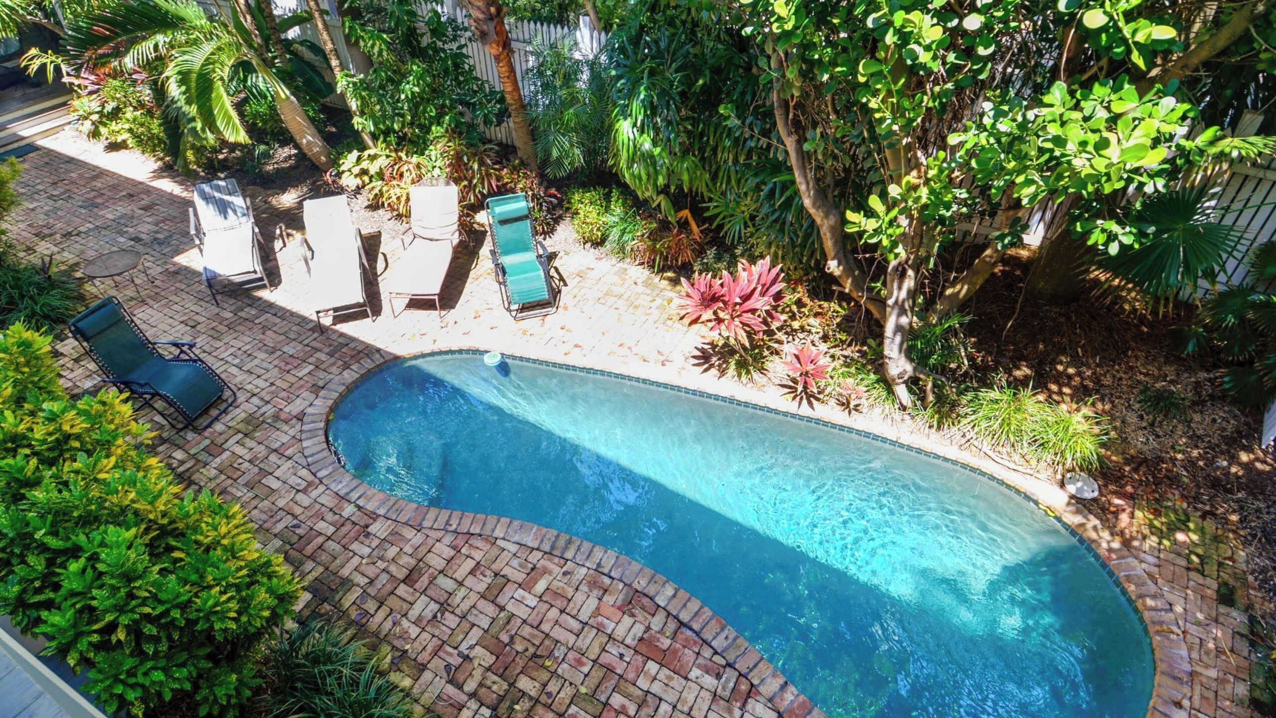 A swimming pool with a brick deck, surrounded by lush greenery and a few lounge chairs.
