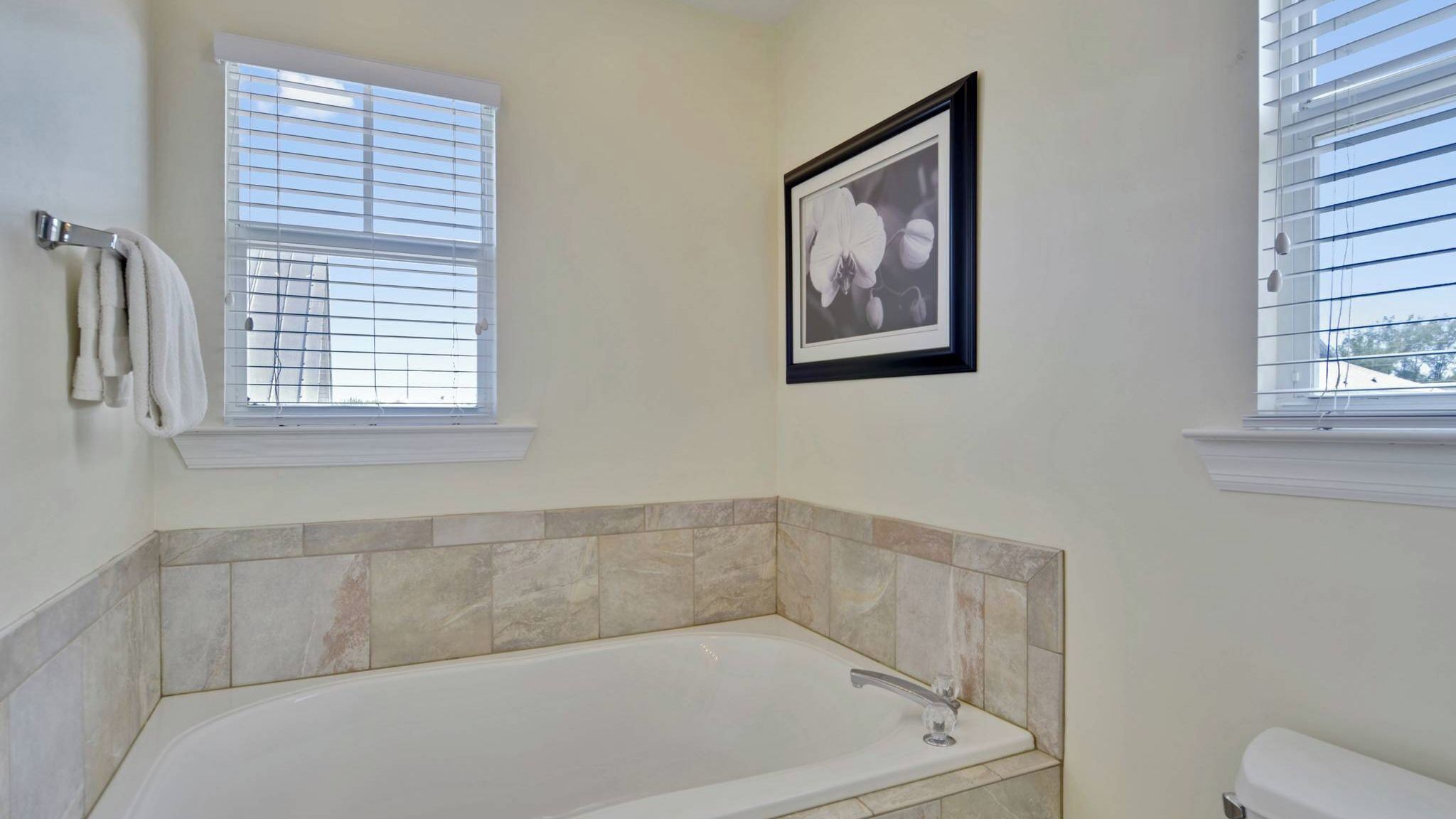 A bathroom with a bathtub, two windows with blinds, a framed picture on the wall, and a towel rack.