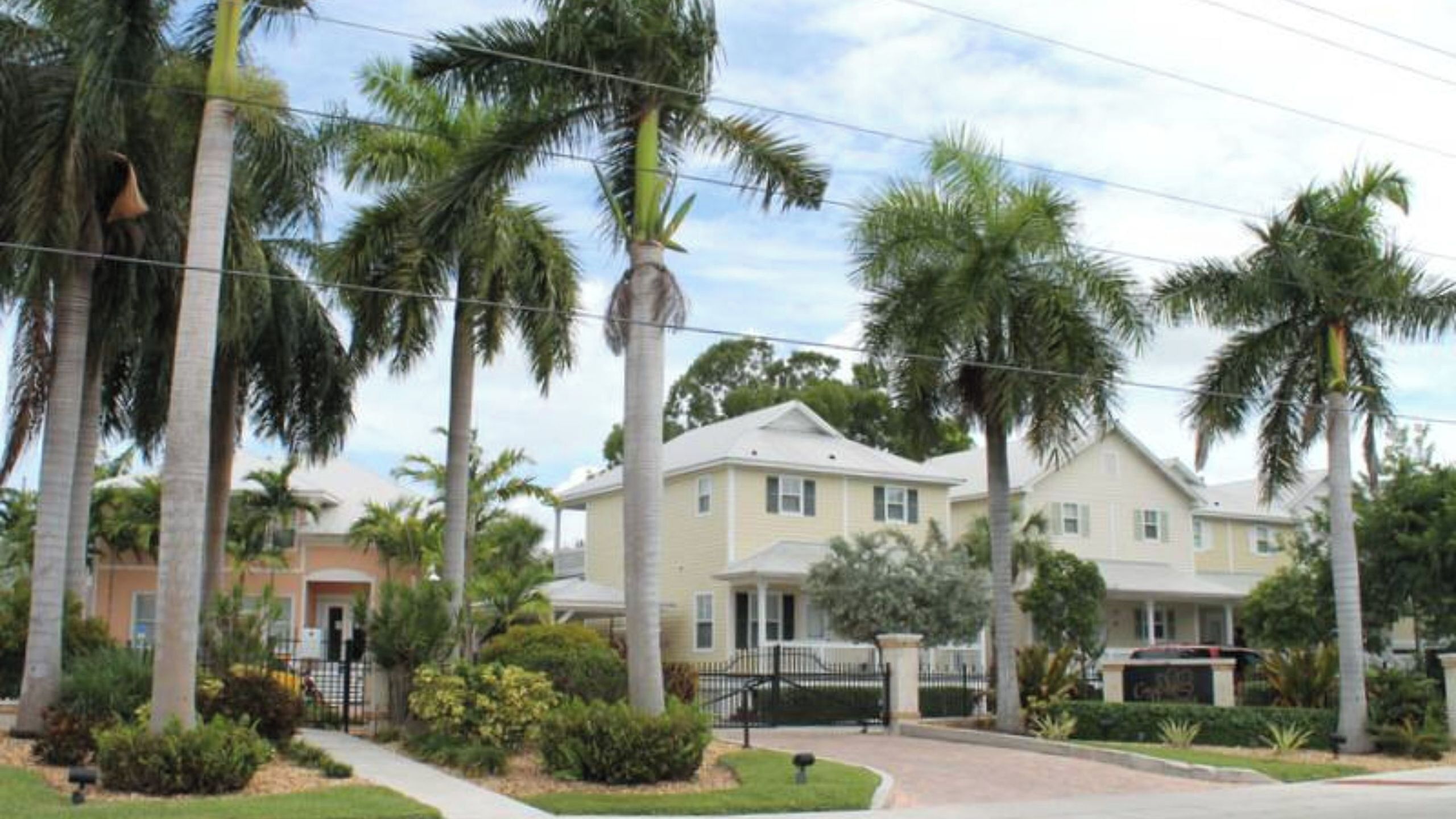 A residential area with a two-story house, surrounded by palm trees and a gated entrance.