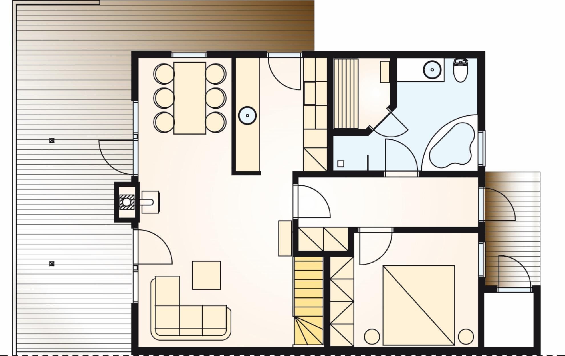 A floor plan of a hotel room with a bed, a desk, a chair, a small table, and a bathroom.