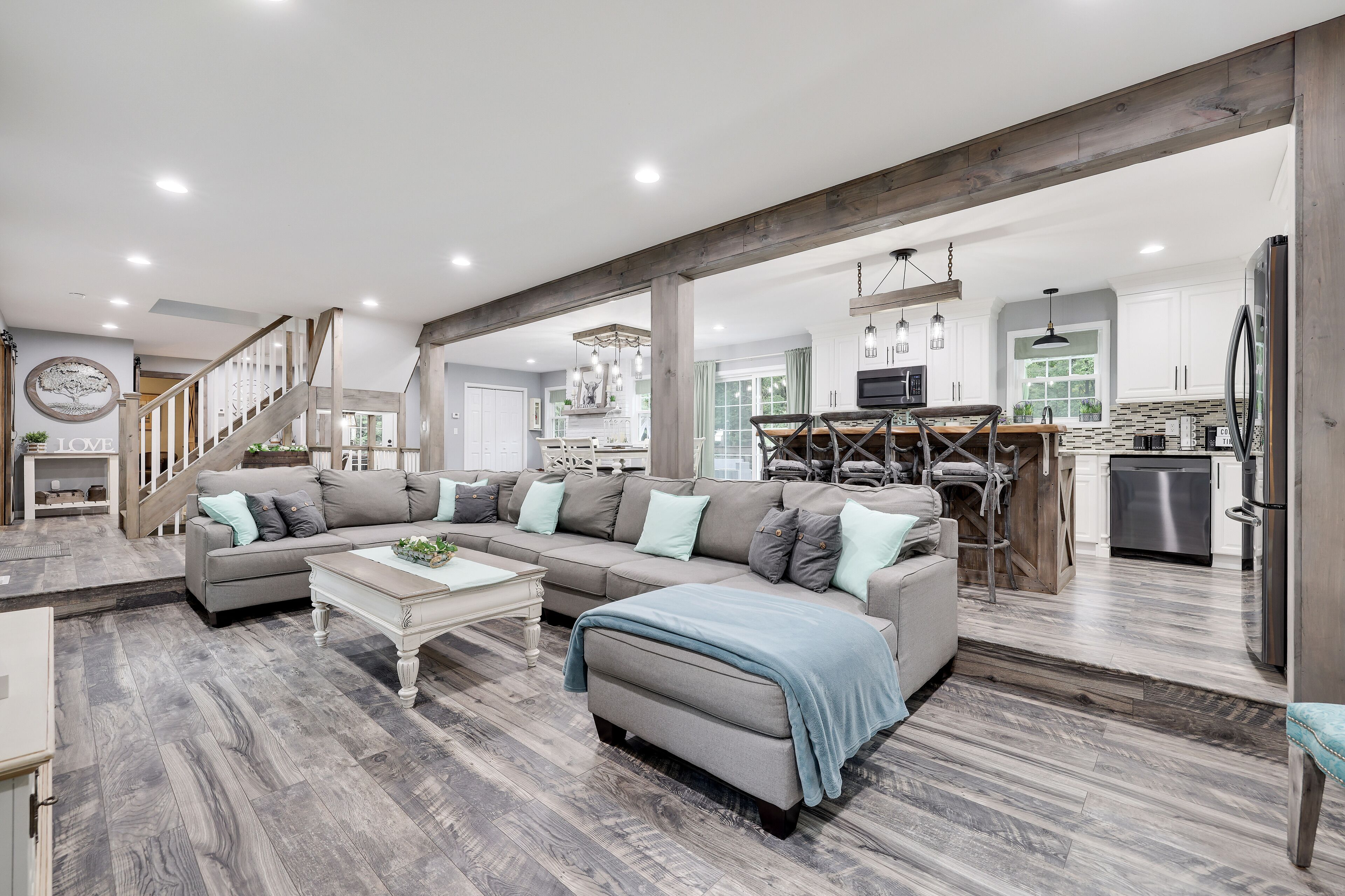 Smart TV, fireplace, DVD player, foosball