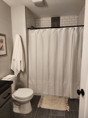 Ensemble baignoire-douche, serviettes fournies, papier de toilette