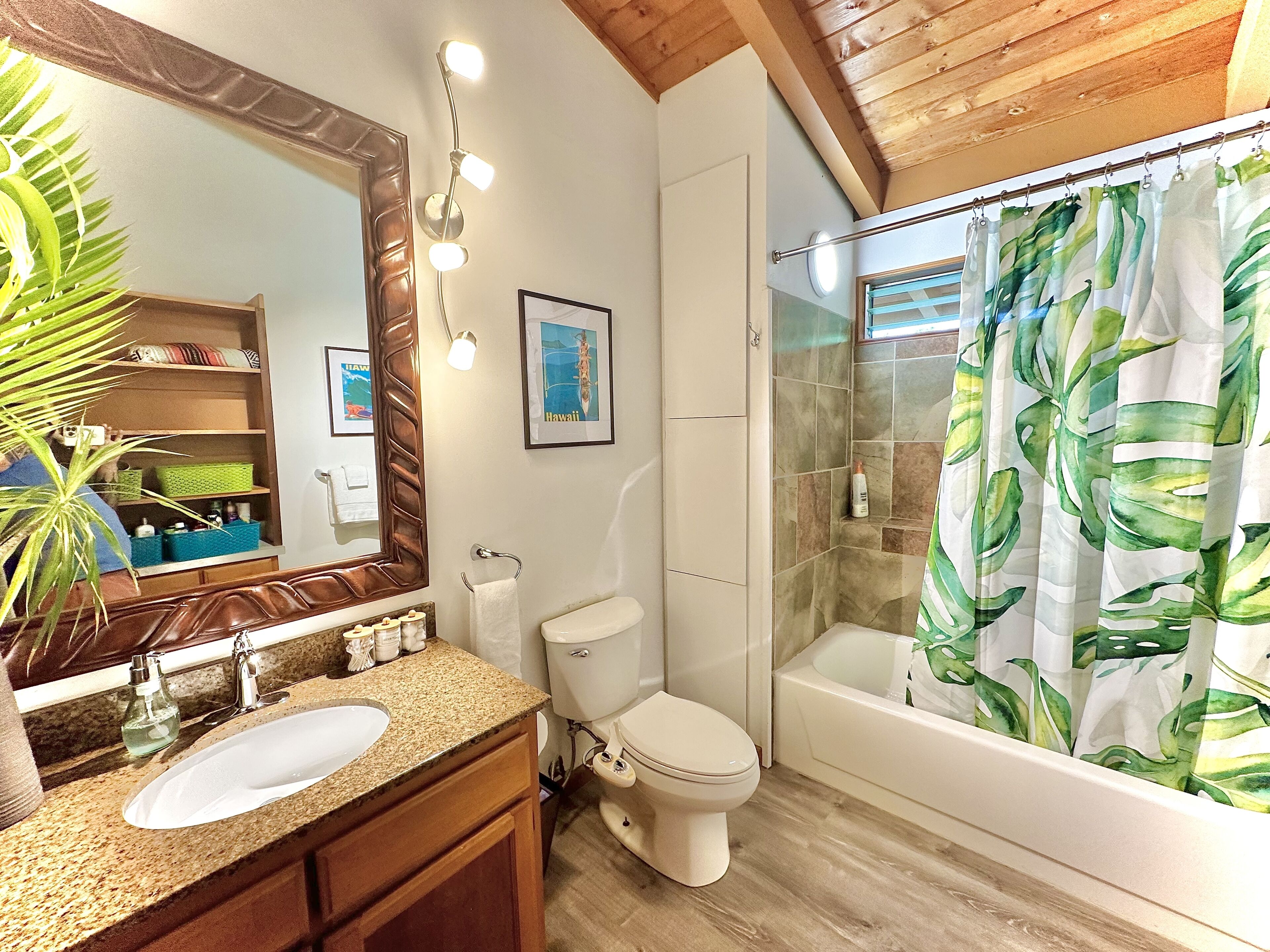 Combined shower/tub, hair dryer, bidet, towels